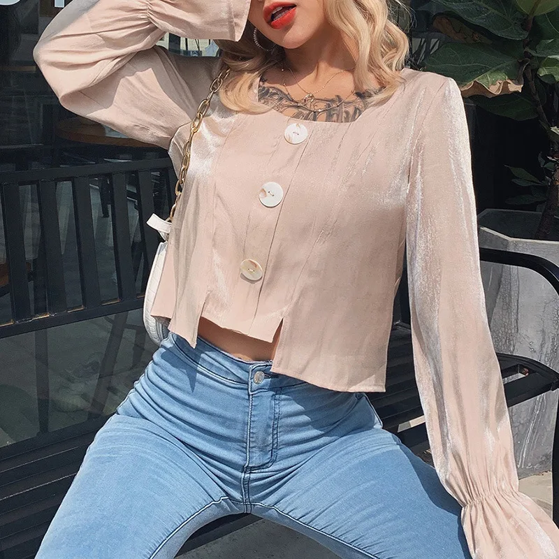 

Hot sale 2019 autumn and winter women's new England style Flare sleeves solid square collar single-breasted Wild slim t-shirt
