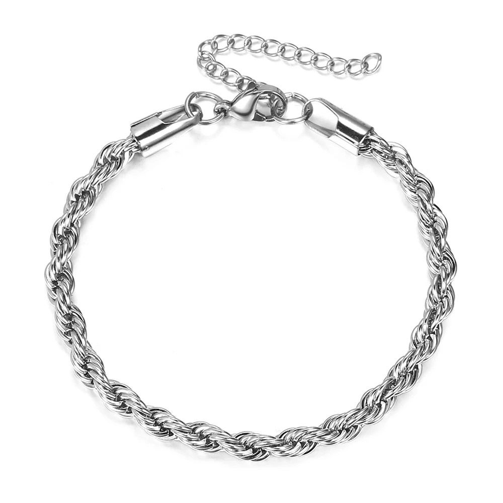 2-6mm Gold Silver Color Rope Chain Bracelets For Men Women Stainless Steel Twisted Rope Link Chain Anklet Adjustable DKB682