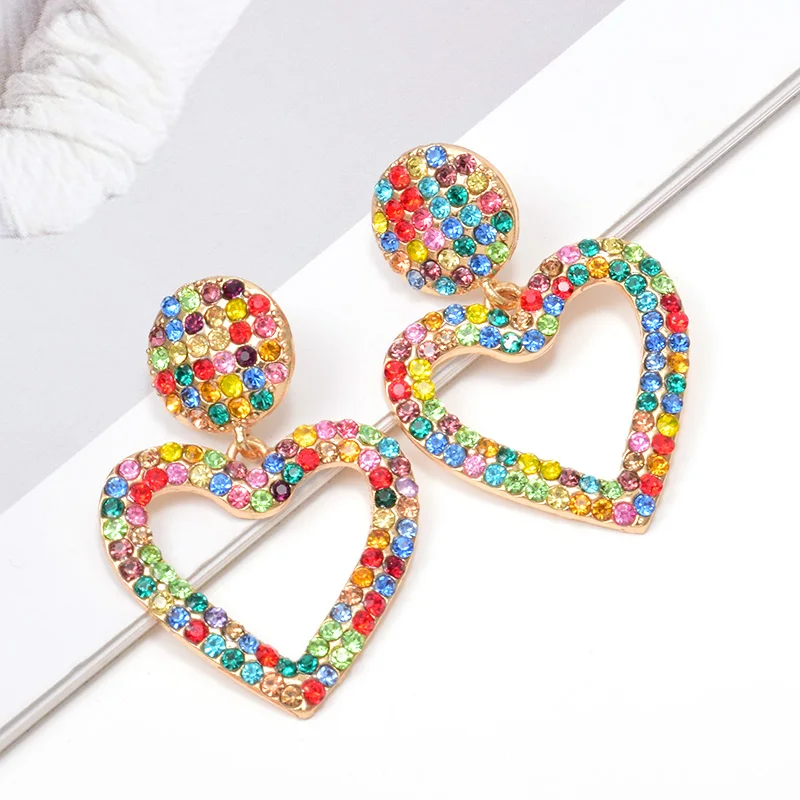 

Wholesale ZA Heart-Shaped Dangling Drop Earrings Studded With Colorful Crystals High-Quality Pendientes Jewelry Accessories For Women Christmas Gift