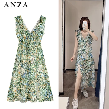 

ZA Women Holidy Mididress 2020 New Summer Floral Printed Sleeveless Sexy Beach Style White Slip Dress