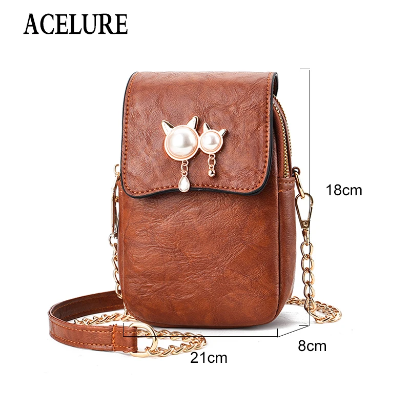 

ACELURE Cute Cat Decor All-match Small Crossbody Bags Solid Soft PU Leather Shoulder Bags Ladies FashionShopping Flap Purse