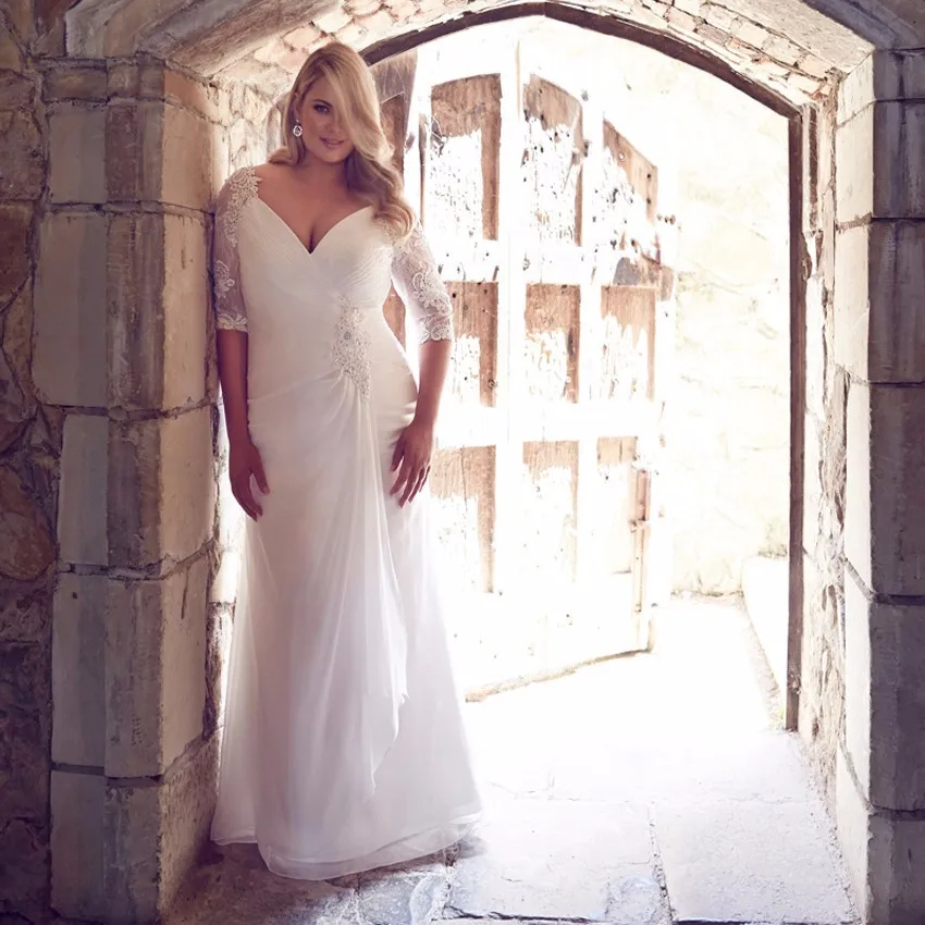 

2018 vestido de noiva Deep V-neck Half Sleeve Chiffon Floor-length Bridal gown abendkleider long mother of the bride dresses