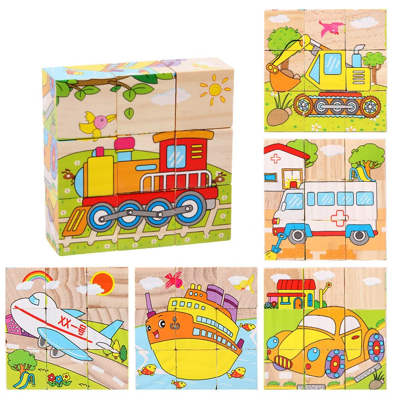 Baby Wooden Block Toys Animal Fruit Traffic Cognize Early Learning Educational Toys For Children Six Side 3D Cube Jigsaw Games 1