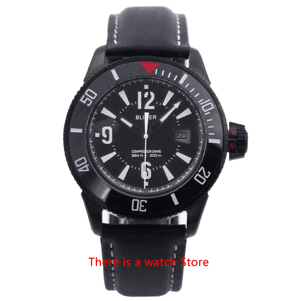 

Bliger 43mm Automatic Mens Watch Luxury Brand Luminous Waterproof PVD Case Leather Strap Calendar Men Mechanical Wristwatches