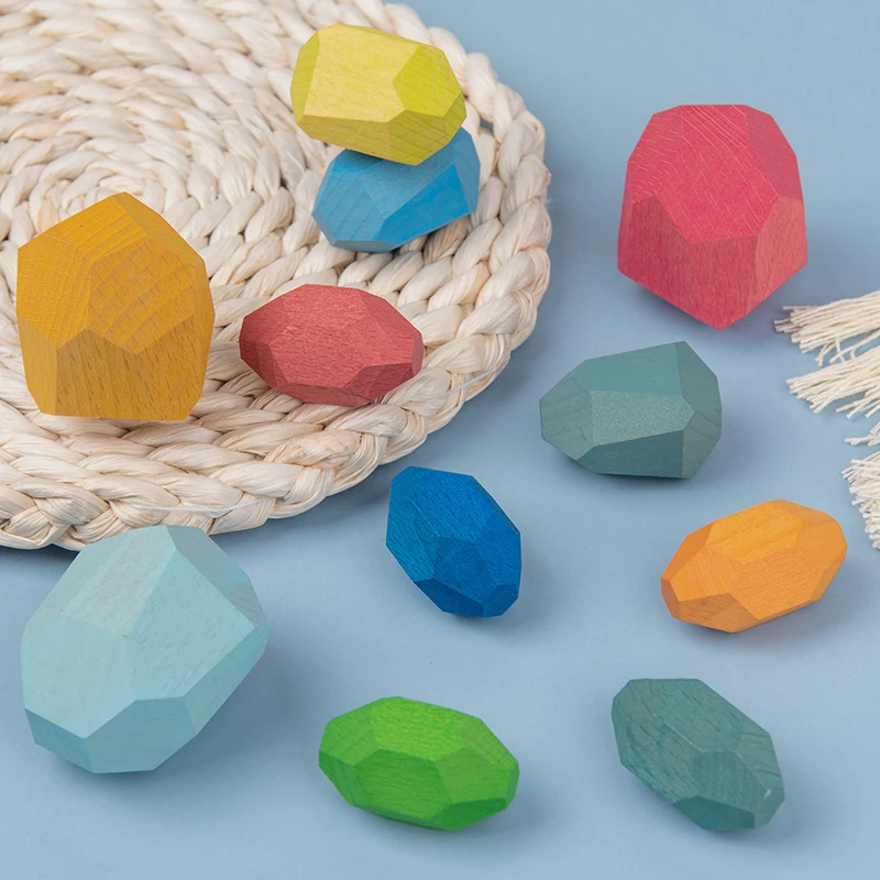 Children Colored Stone Jenga Stacking Blocks Educational Toy Creative Nordic Style Rainbow Stone Wood Blocks Baby Wooden Toys