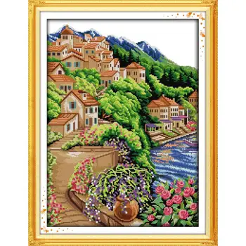 

Beach Villa Scenery Cross Stitch Kit Full Grid Pattern Embroidery Chinese Cross Stitch 14CT Needlework Kit DIY Home Decoration