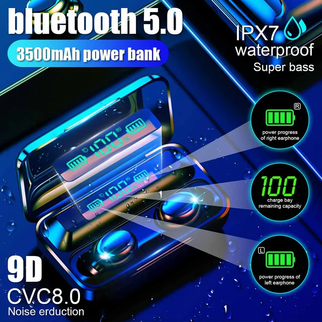 US $9.80 TWS bluetooth Earphone V5.0 Touch Wireless Earbuds 9D Stereo Sport Waterproof Headset handsfree LED