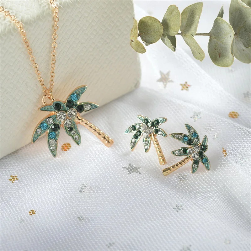 Necklace Stud Earrings With Coconut Tree Set Micro - Leaf Crystal Creative Fashion As Birthday Gift Jewelry For Women |