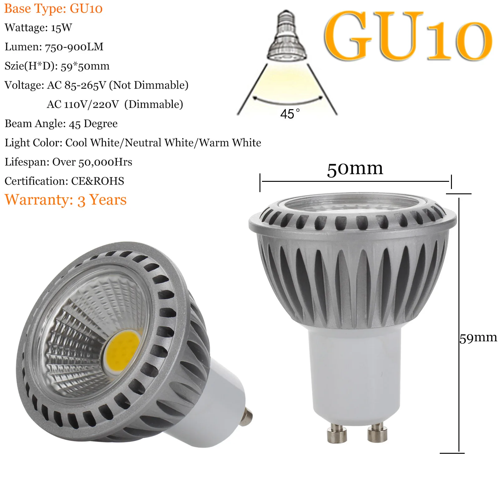 Lampadina LED Dimmerabile 15W – GU10 / E27 / MR16 – Alta Luminosità 800-999 Lumen