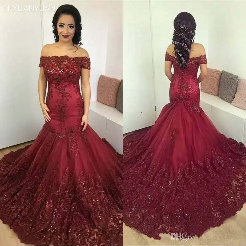 

Burgundy Muslim Evening Dresses 2021 Mermaid Off The Shoulder Tulle Lace Islamic Dubai Saudi Arabic Long Evening Gown Prom Dress