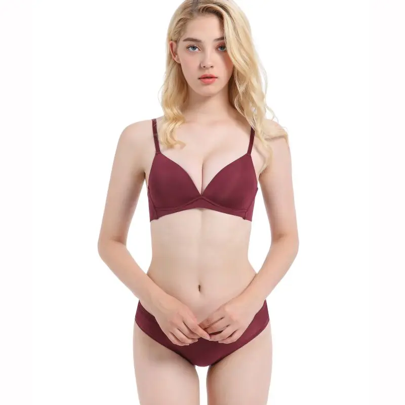 Wine Red Underwear Women Set Bra And Briefs Comfortable Smooth No Trace Deep V No Steel Ring Bra+ Panties Underwear Bra Set - Цвет: Wine Red