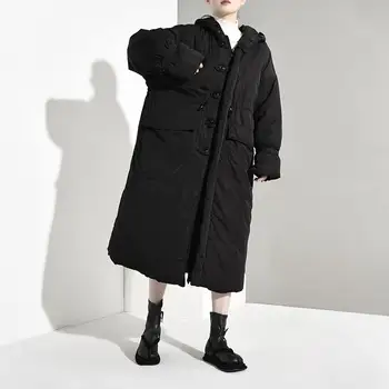 

X-Long Winter Jacket Solid Women Casual Black Split Hem Hooded Parka Female Thick Warm Cotton Coat Plus Size Outwear