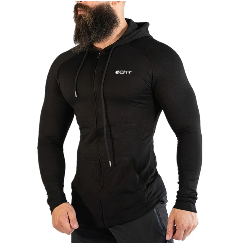 black Осень зима мужские спортивные куртки с капюшоном Фитнес футболка для бодибилдинга спортивные пуловеры мужские тренировки с капюшоном куртка одежда YEMEKE - Цвет: black