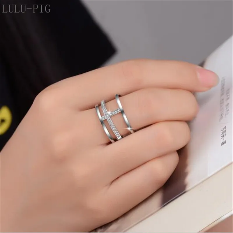

LULU-PIG 925 sterling silver personalized ring with Korean fashionable temperament and multi-layer open cross ring R0248