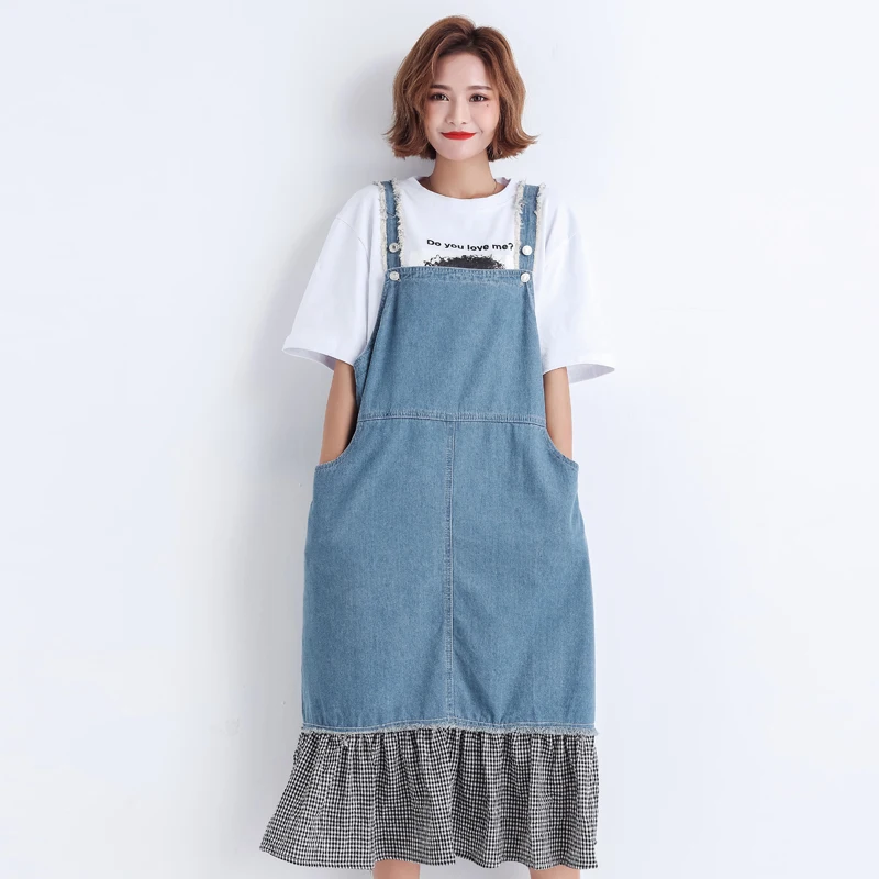 

2020 Summer Women Clothing Fashion Strap Denim Patchwork Panel Fishtail Mid-Calf Dress Natural Women Short Sleeve Dress