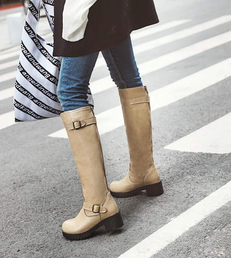 Women's Boots Autumn and Winter New Thick Bottom Comfortable Waterproof Platform Knee High Zip Sexy Fashion Pu Black Beige
