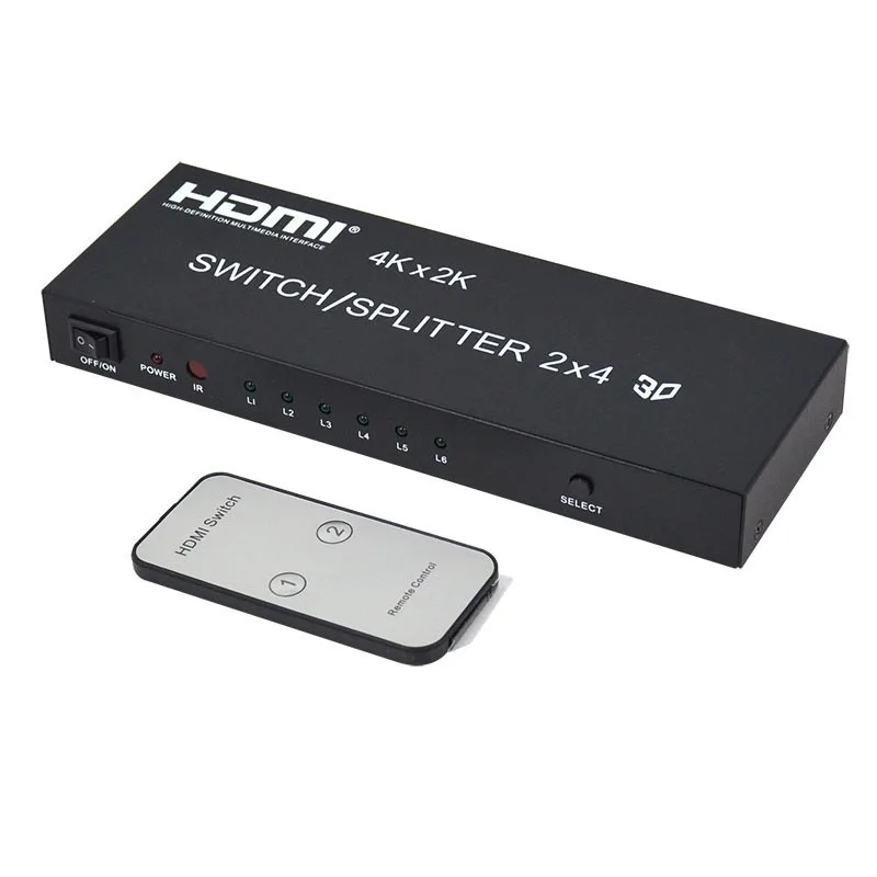 

HDMI-совместимый переключатель HD-разветвитель 2 входа 4 выхода с аудиовыходом Aux 3,5 мм/SPDIF 2*4 с инфракрасным пультом дистанционного управления
