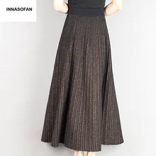INNASOFAN теплая трикотажная юбка для женщин осень зима плиссированная длинная юбка высокая талия мода высокая-конец шикарная юбка с блестками