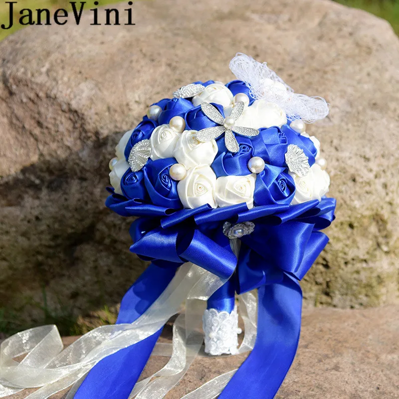 

JaneVini Beach Royal Blue Wedding Bouquet for Brides Pearls Shell Satin Rose Flowers Rhinestone Lace Bridal Bouquet Trouwboeket