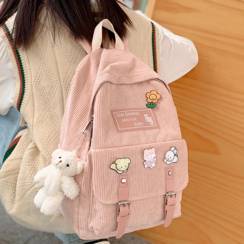 Fashion Backpack Book-Bag Cool Harajuku College Female Girl Corduroy Cute Student Women