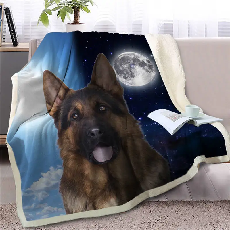

HM Life Sherpa Blanket on Bed Sofa 3D Dog Print German Shepherd Dog Throw Blanket Animal Day and Night Sky Moon Sofa Cover