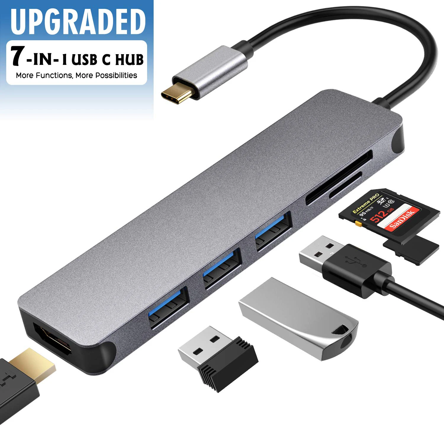 

USB C Hub Multiport Adapter with 4K HDMI Output, 3 USB 3.0 Ports, SD/Micro SD Card Reader for Type-C enabled devices as Macbook