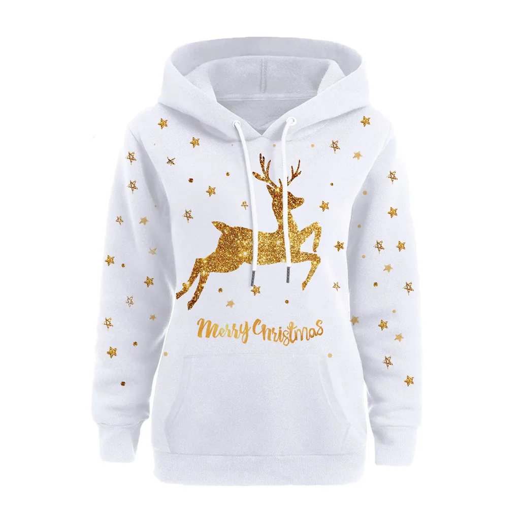 White Hot Stamping Elk Hoodie Sweatshirt Women Christmas Pullovers Sweatshirt Long Sleeve Hooded Tops Blouse Campus Tracksuit - Цвет: Белый