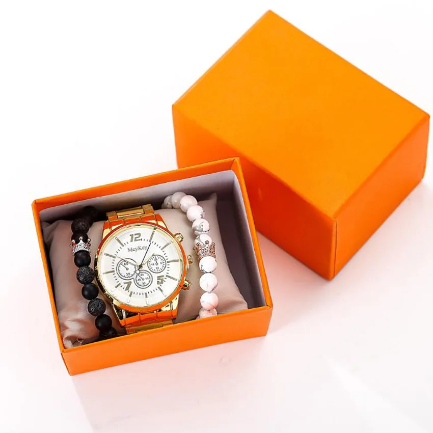 

Men Watch 3pcs/set watch gift set packaging volcanic stone bracelet steel belt quartz watch Gift For Boyfriend 2019 Quartz Watch