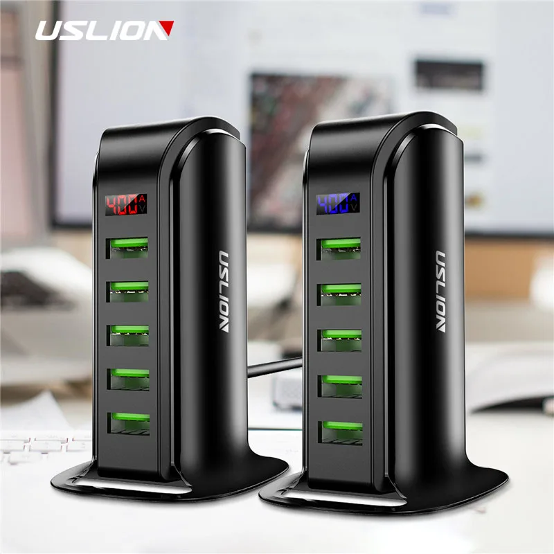 

USLION 5 Port Multi USB Charger LED Display USB Charging Station Universal Mobile Phone Desktop Wall Home Chargers EU US UK Plug