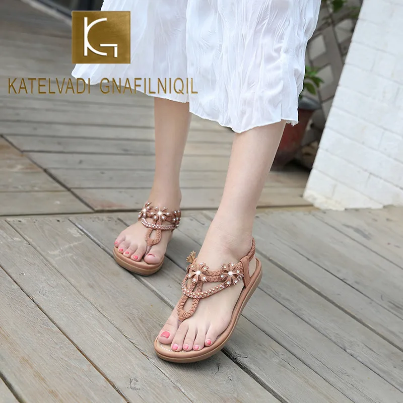 

KATELVADI Bohemian Crystal Sandals Women Shoes Rhinestone Lady Flip Flops Slip On Tong Female Flat Beach Shoe RLD0014