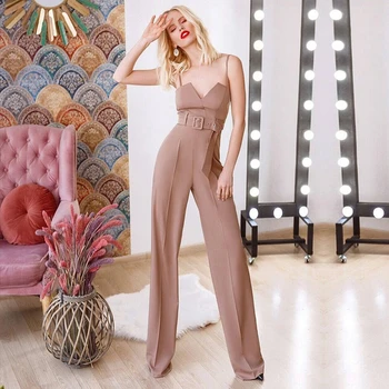 

2019 Fashion Sexy Spaghetti Strap V Neck Belt Jumpsuit Solid Backless Women Summer Pink Celebrity Party Verano Wholesale