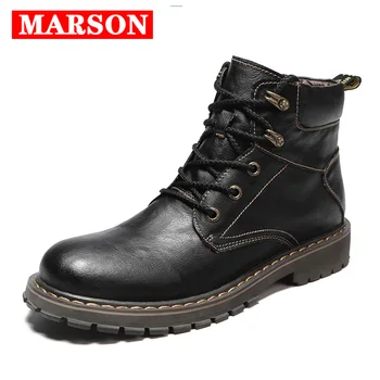 

Winter Men Boots Leather Ankle Martenss Boots Casual Motorcycle Shoes Warm Fur Boots Doc Zapatos Waterproof Non-Slip Footwear
