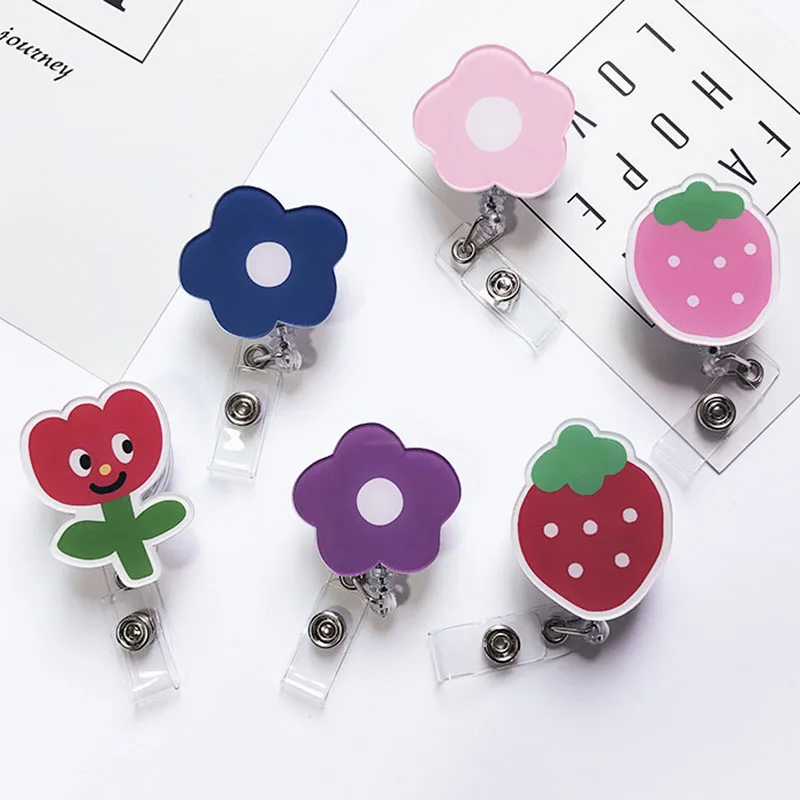 

Cute Strawberry Flowers Acrylic Retractable Badge Reel Nurse Doctor Student Exhibition ID Card Clips Badge Holder Stationery