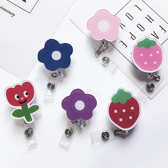 Cute Strawberry Flowers Acrylic Retractable Badge Reel Nurse Doctor Student  Exhibition ID Card Clips Badge Holder