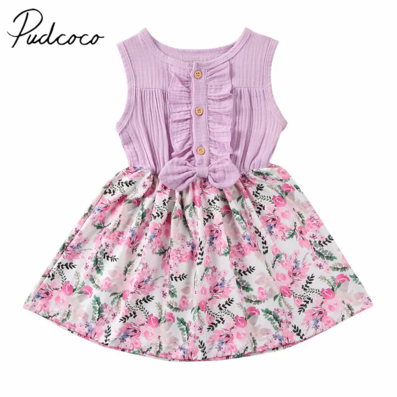 

2020 Baby Summer Clothing Toddler Baby Girls Kid Sleeveless Bow Floral Dress Sunsuit Gown Cotton Clothes 1-6Y