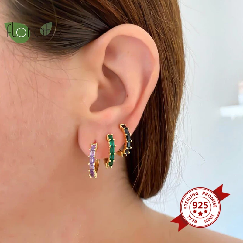 Женские серьги кольца из серебра 925 пробы с черным/зеленым/фиолетовым/белым