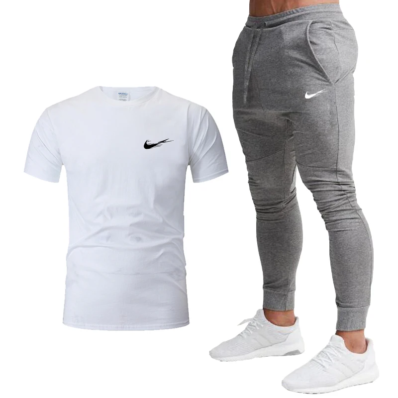 

2020 New Casual Quick Dry Men's Running Set Fashion O collar cottonT-shirt+Pant Joggers Training Gym Fitness Sportswear sets