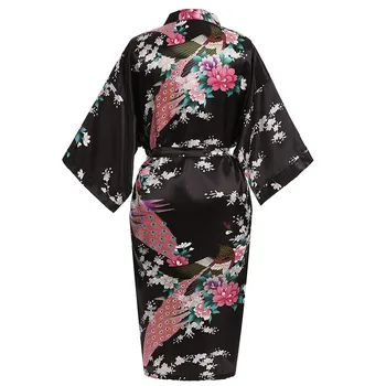 

Soft Satin Women Kimono Gown Wedding Robe Exquisite Print Peacock Sleepwear Nightgown Elegant Black Casual Homewear Bath Gown