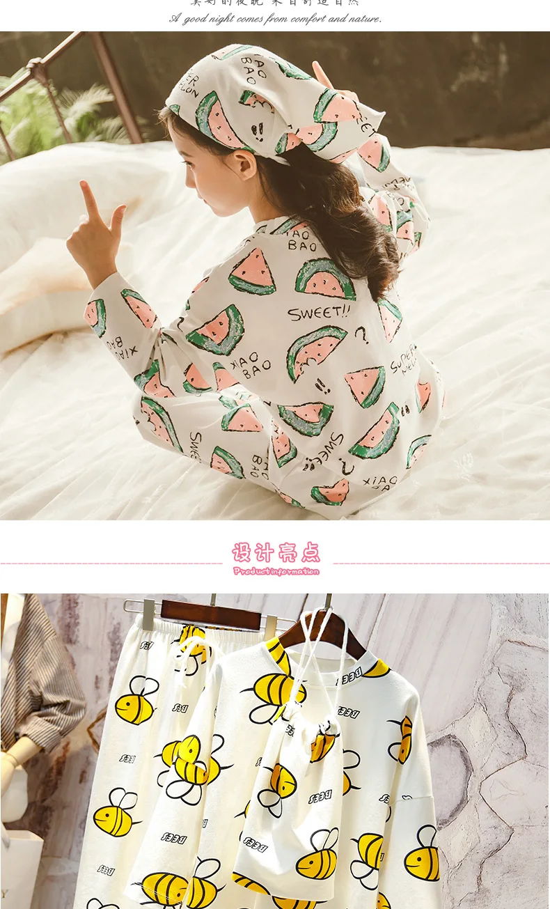 Girls Spring And Autumn Cartoon Pajamas Suit Korean-style New Style Big Boy with Cloth Bag Comfortable Tracksuit Two-Piece