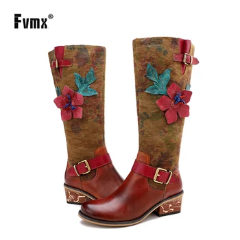 

FVMX New Genuine Leather Knee High Boot fashion Retro Handmade Buckle Flower Women Hand Painted Shoes Casual Ethnic style Boots
