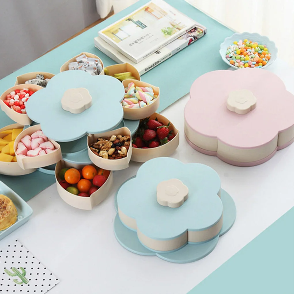 

Flower Shape Rotating Candy Box Wedding Favor Container Home Divided Dried Fruit Snacks Plate