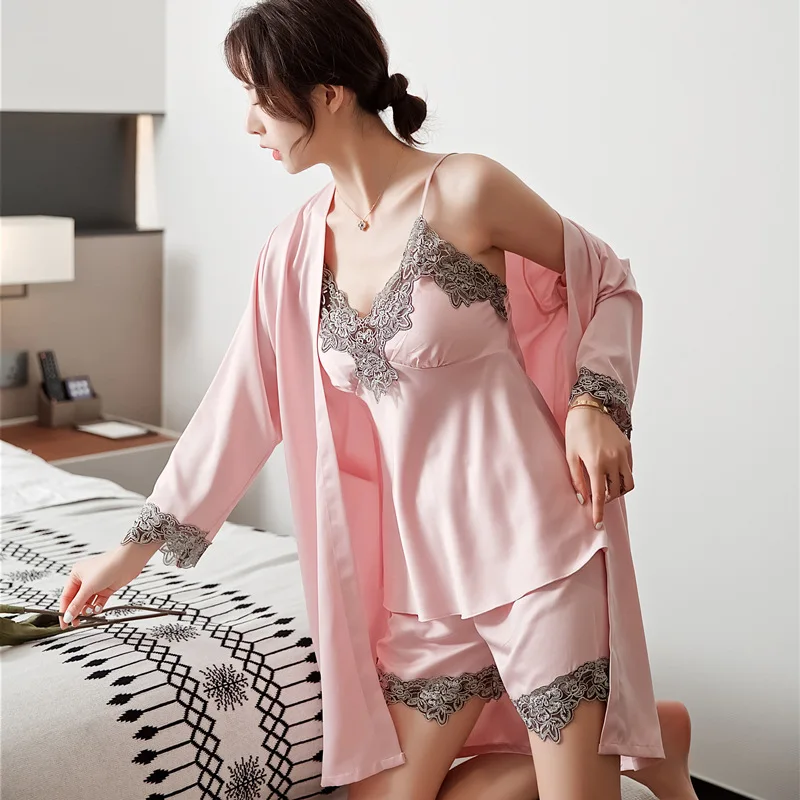 5PC Silk Robe Sleep Suit Womens Lace Satin Pajamas Gown Set V-Neck Cami Nighties Wear Pijama Home Nightwear Spring Nightdress women pajamas set women pajama suit