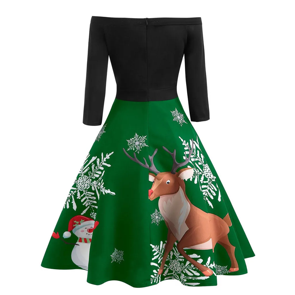 Винтажное платье с вырезом лодочкой и принтом лося для рождественской вечеринки; свободное платье; зимнее элегантное шикарное мини-платье в стиле пэчворк; Robe Rockabilly Vestidos