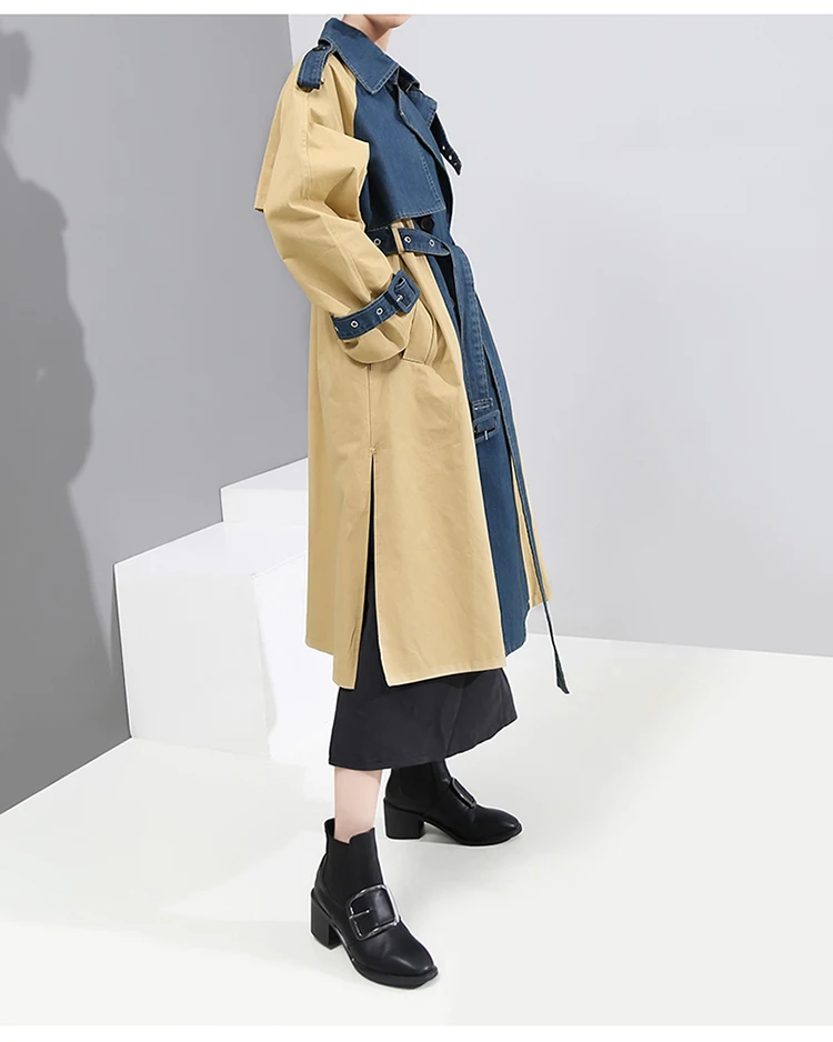 Новинка, корейский стиль, женский зимний Тренч, с поясом, деним, пэчворк, Женская стильная длинная куртка, ветровка, верхняя одежда, 5723