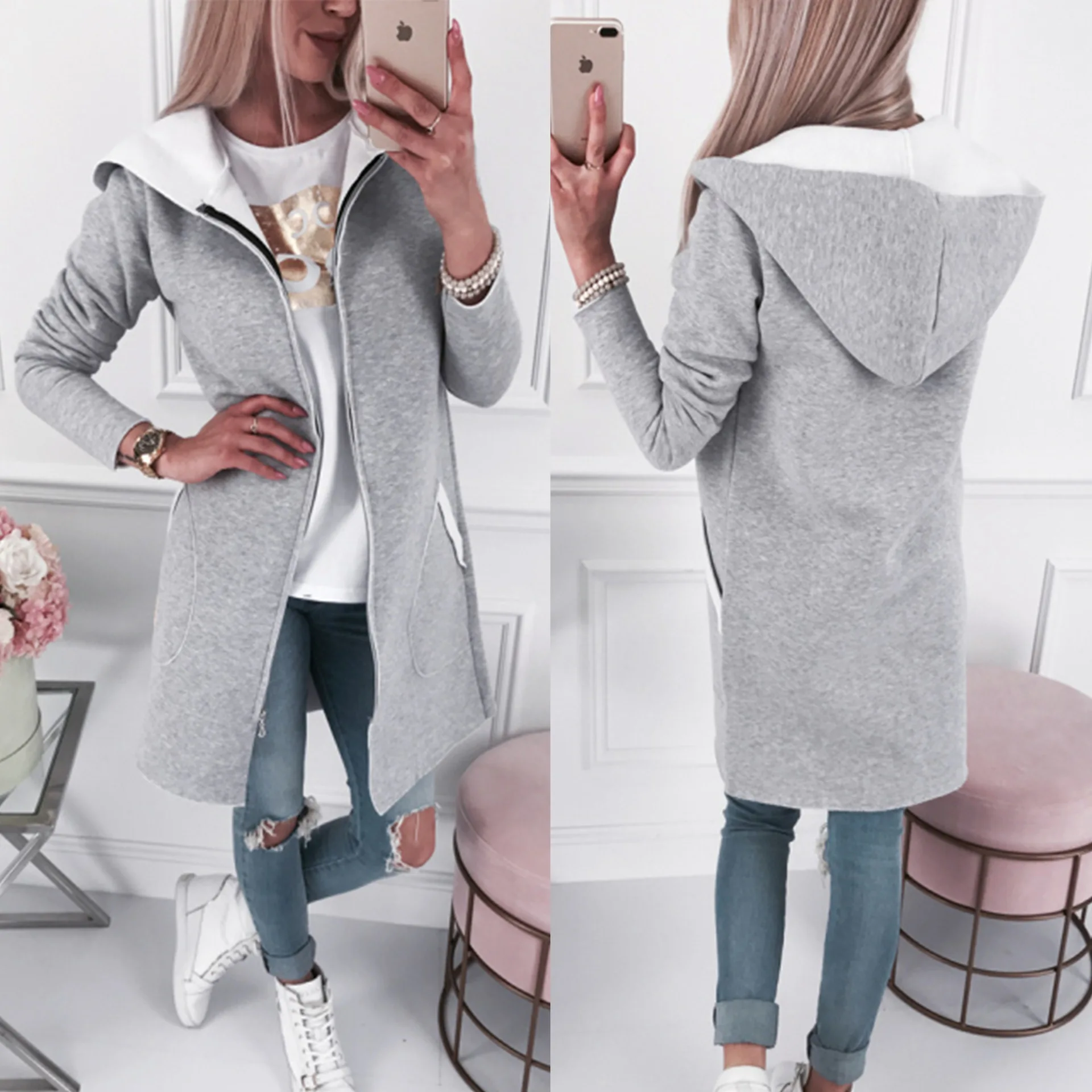 

Womens Jackets and Coats Fall Clohting Women Cardigans Zipper Gray Long Sleeve Women Loose Hoodies Jackets