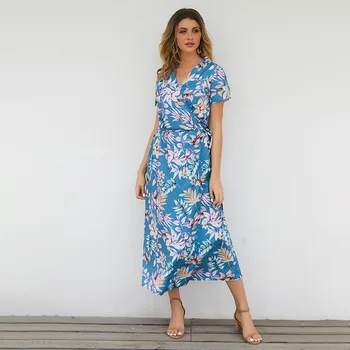 

Boho Floral Print Short Sleeve Summer Dress Women Bohemian Flowy Casual Dress Belted Vintage Lady Vacation Beach Blue Maxi Dress