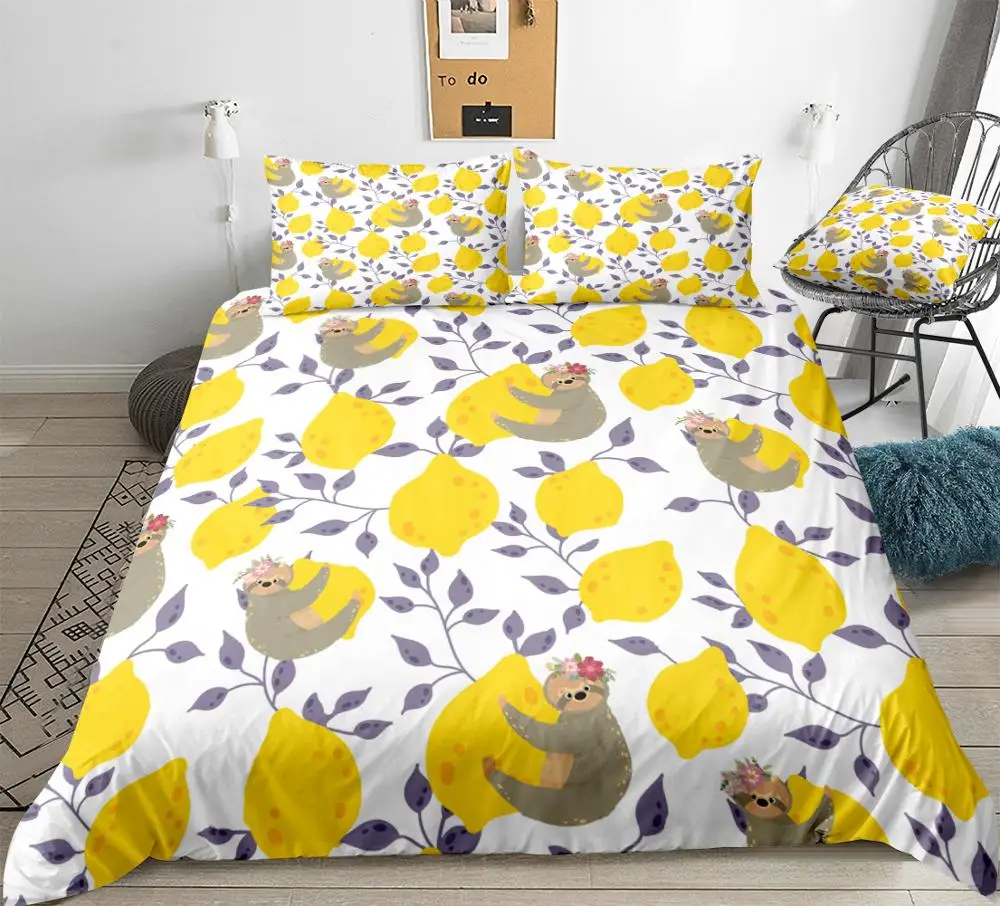 

Sloth Bedding Set Cartoon Animal Duvet Cover Set for Kids lemon Flower Sloth Home textiles Yellow Bedding Drop Ship