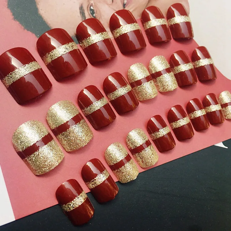 24pcs 3D Bling Diamond False Nails Gradeint Natrual Red Matte Fake Nails Daily Office Finger Wear UV Nails With Glue - Color: NA3308