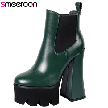 

Smeeroon 2020 hot sale genuine leather shoes high heel platform boots sexy party prom shoes autumn winter ankle boots woman