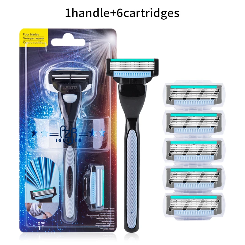 1 Handle 6 Blades Мужская бритва RZRIGUETTA, высокое качество, стальное лезвие, бритва для бритья, полый дизайн, картридж, 4 слоя лезвия, бритва для бороды - Цвет: 1 Handle 6 Blades